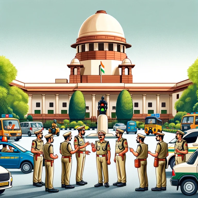 DALL·E 2024-05-16 09.55.14 - An animated scene depicting traffic police officers in uniform standing in front of the Supreme Court of India. The officers are managing traffic, wit