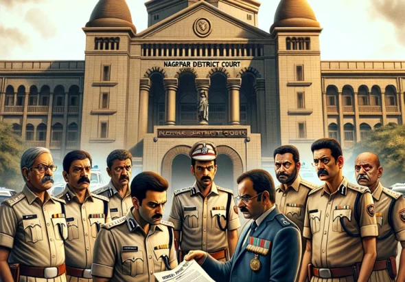 DALL·E 2024-05-17 20.42.27 - The scene depicts the Nagpur District Court building in the background. In front of the court, Navi Mumbai Deputy Commissioner of Police Amit Kale and