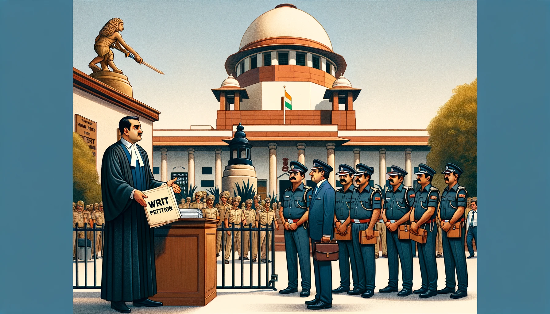 DALL·E 2024-05-17 23.28.38 - A scene depicting the Supreme Court of India building prominently in the background. In front of the court, a writ petition is being filed against pol