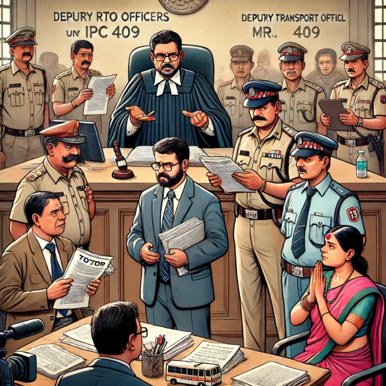DALL·E 2024-06-17 16.04.18 - A courtroom scene with a judge giving an order against three Deputy RTO officers under IPC 409 and other sections. The officers are visibly distressed