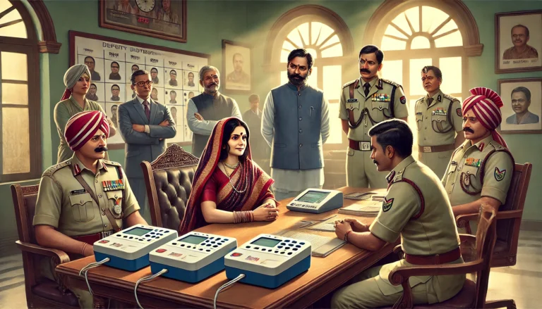 DALL·E 2024-06-19 17.53.55 - A scene depicting the EVM (Electronic Voting Machine) case where the Loksevak Committee is assisting Deputy District Collector Vandana Suryawanshi. Th