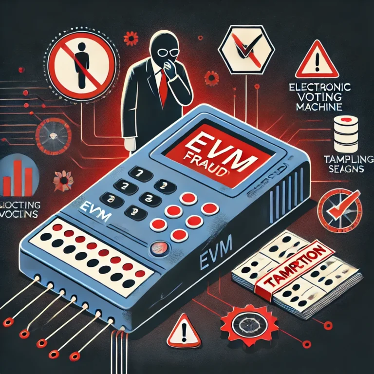 DALL·E 2024-06-21 14.57.30 - An image depicting EVM fraud. Show an electronic voting machine (EVM) with a highlighted glitch or tampering signs. Include elements like red warning