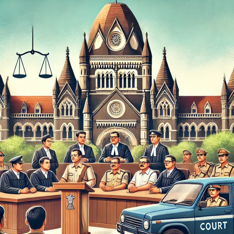 DALL·E 2024-07-17 10.47.20 - A scene depicting the Mumbai High Court building, with a banner or sign that reads 'Mumbai High Court orders not to file a charge sheet against RTO of